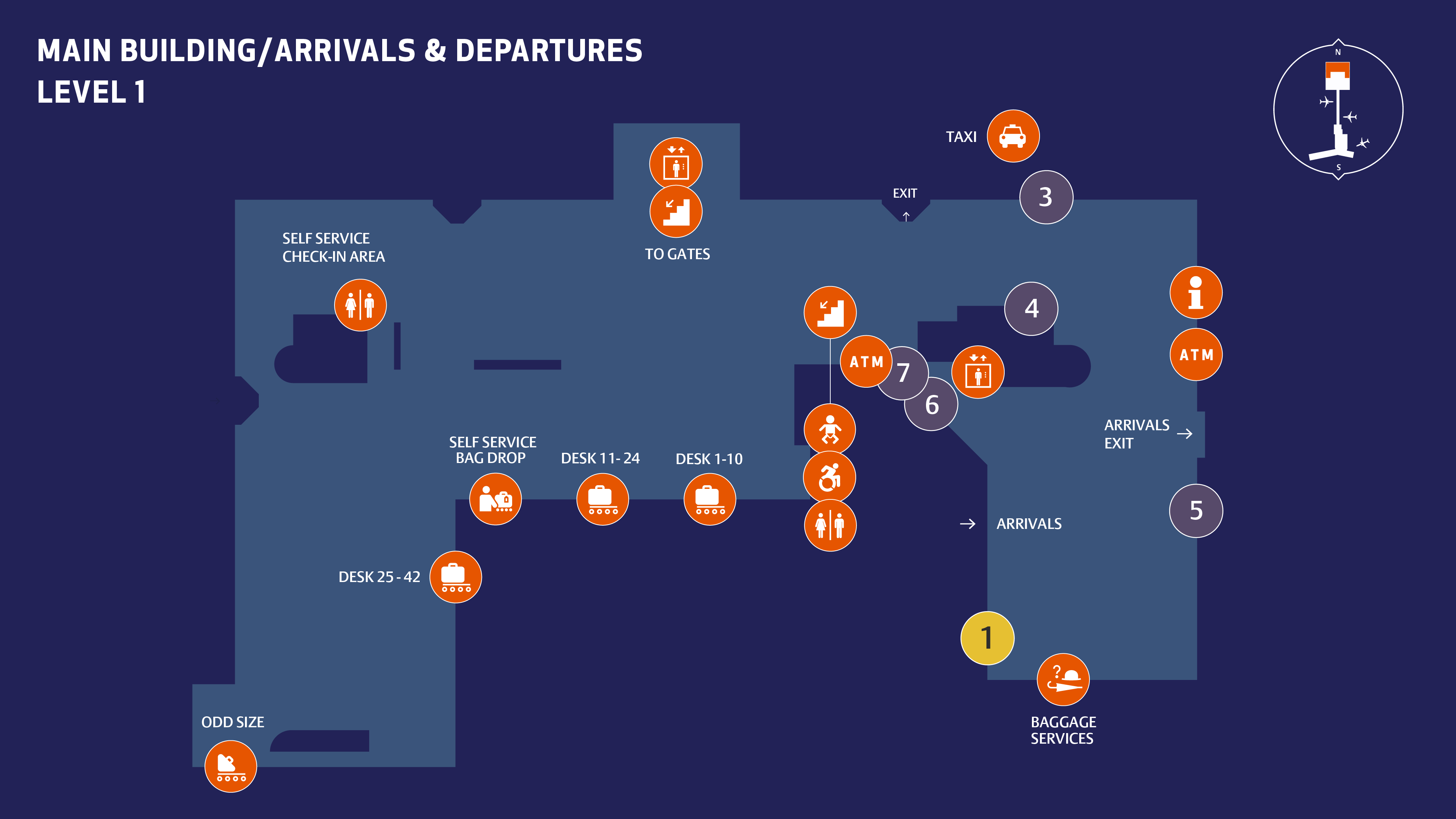Map of first floor check-in and arrivals hall